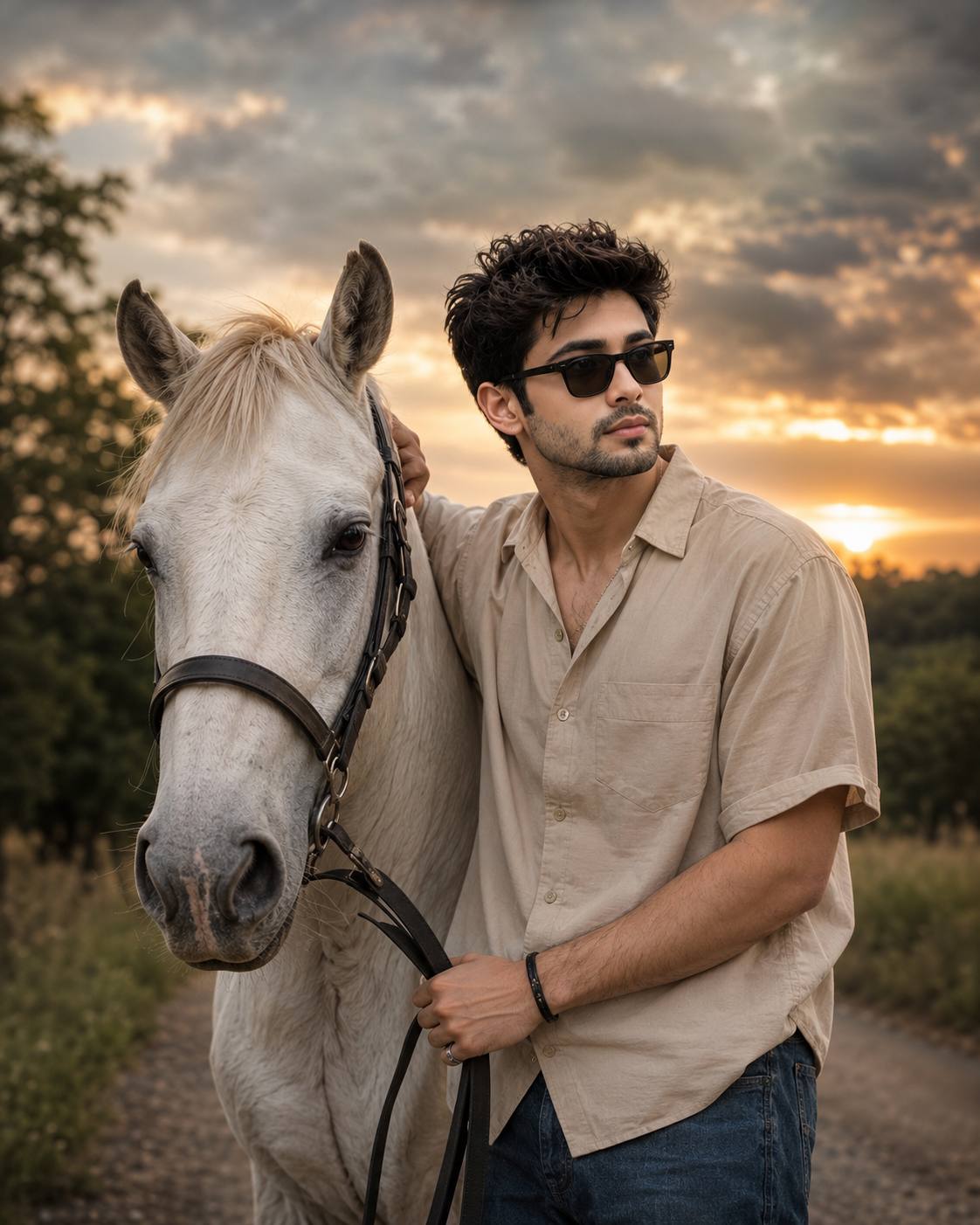 Cinematic Young Man with Majestic White Horse at Golden Hour Sunset | Photorealistic AI Prompt