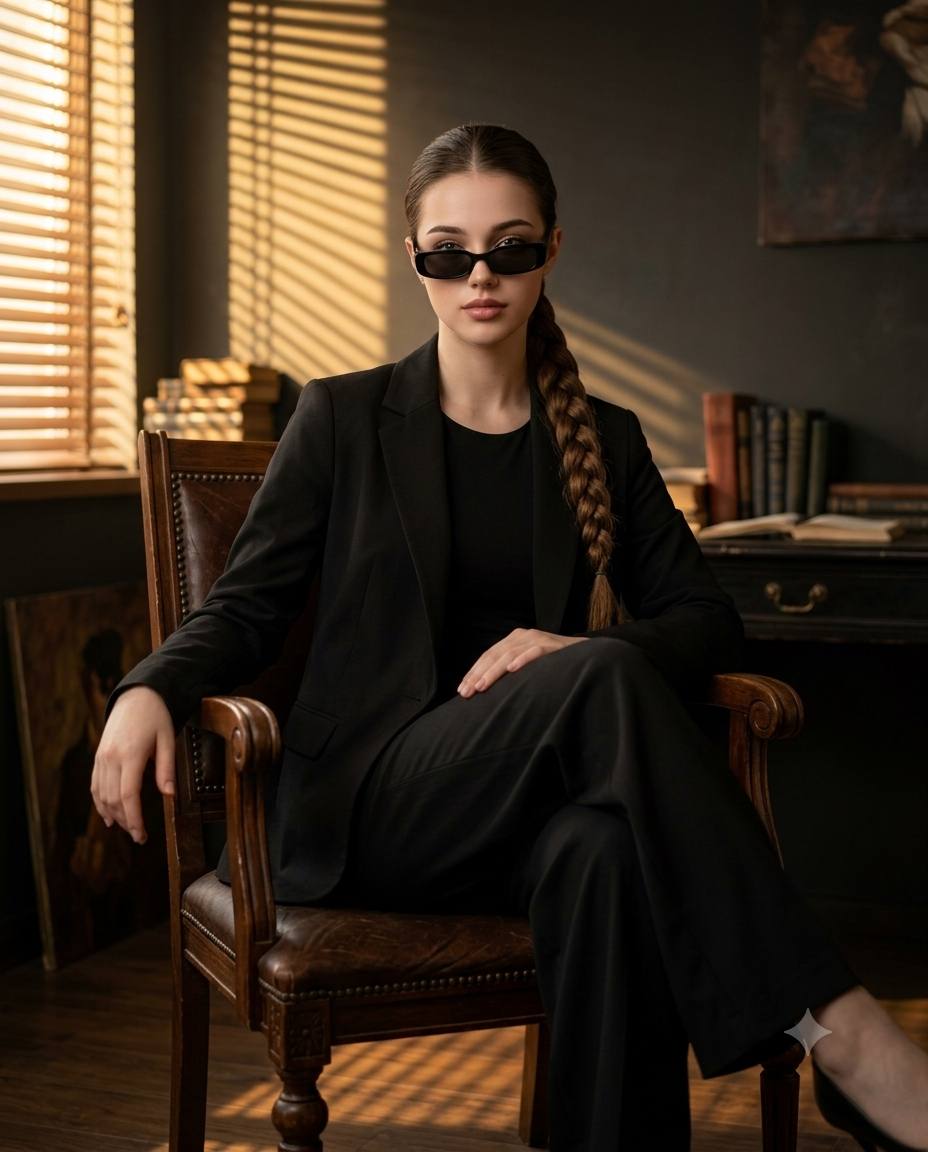 Confident Boss Lady Woman AI Photo Prompt – Black Outfit, Vintage Chair & Cinematic Lighting