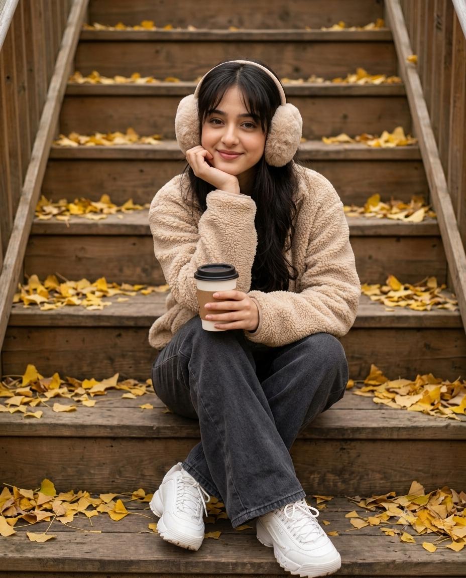 Cozy autumn woman AI prompt | Beige fleece, earmuffs & Korean street style 8K