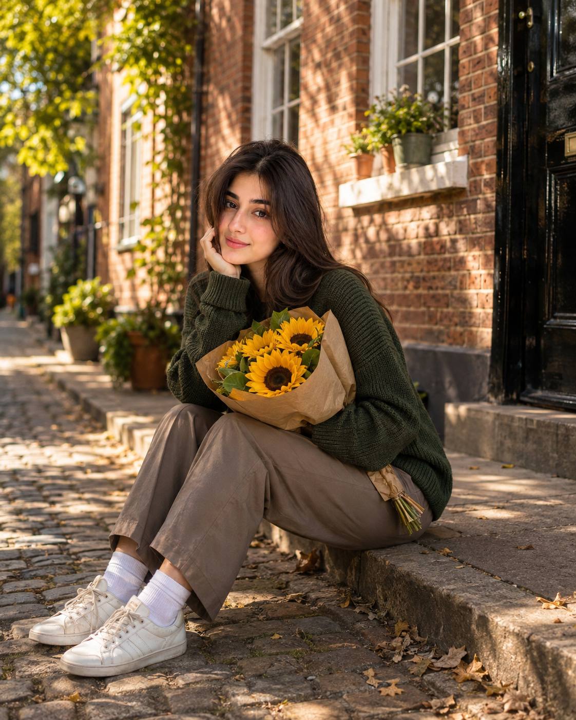 Cozy European Street Portrait of Woman with Sunflower Bouquet – Ultra-Realistic AI Image Prompt
