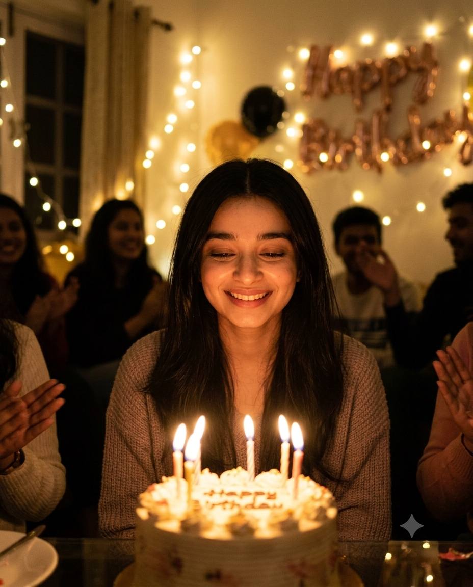 Cozy Indoor Birthday Celebration Portrait at Night | Ultra-Realistic Face Lock AI Image Prompt