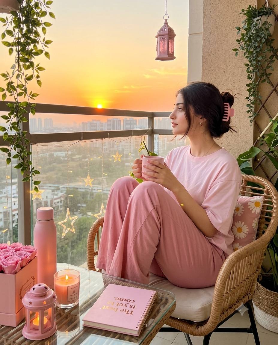 Cozy Pink Balcony Sunset Portrait | Dreamy Aesthetic Lifestyle Photography AI Prompt