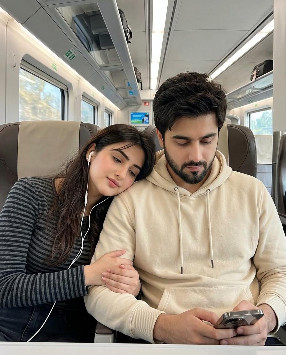 Cozy Train Couple Cinematic AI Image Prompt – Romantic Candid 4K Portrait Photography