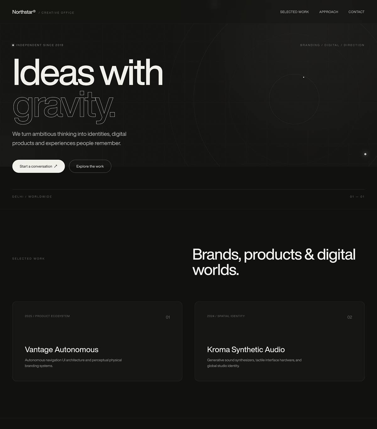 Create a premium, original, full-screen landing page for an independent creative agency