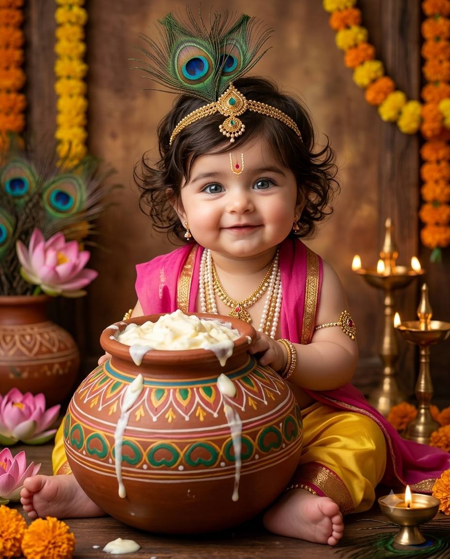 Custom Baby Krishna AI Image Prompt | Hiding Behind Butter Pot (Peek-a-Boo Pose)