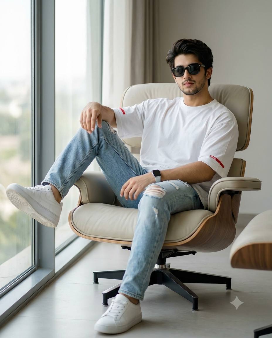 Customized Photorealistic Male Lifestyle Portrait in Luxury Lounge – Identity Consistent AI image prompt