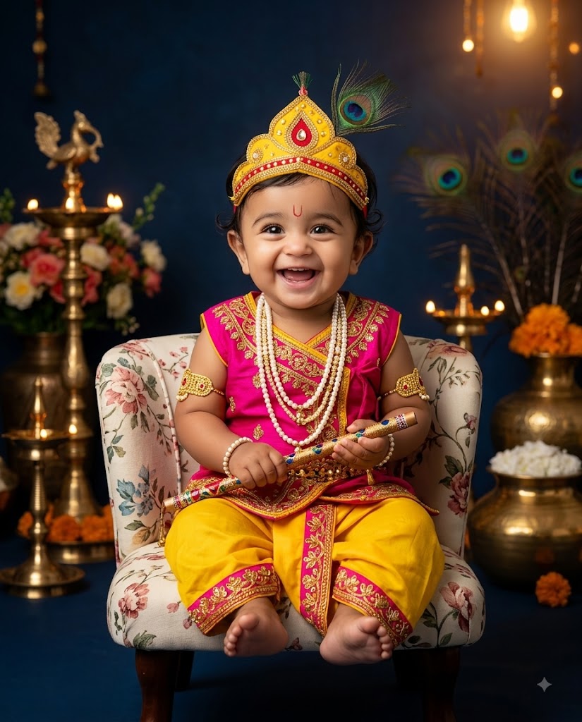 Cute Baby Krishna AI Photo – Smiling Little Krishna with Flute & Peacock Feather