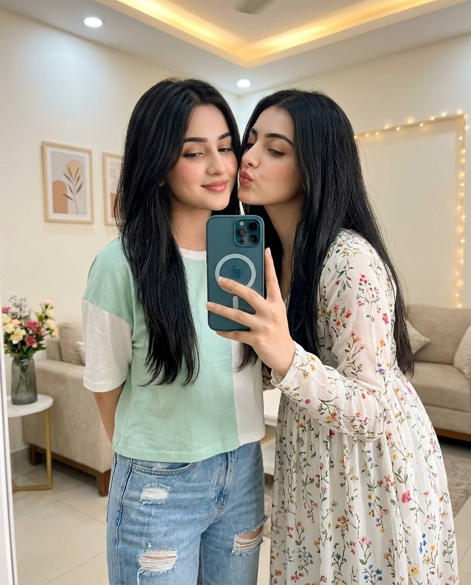 Cute Best Friends Mirror Selfie | Cozy Lifestyle Portrait AI Image Prompt