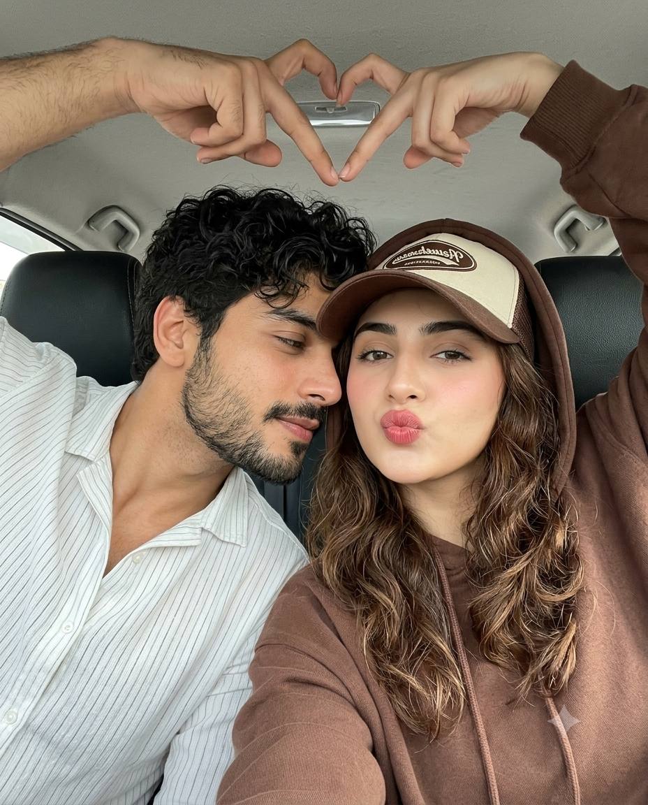 Couple car selfie AI prompt | Heart hands & ultra-realistic portrait