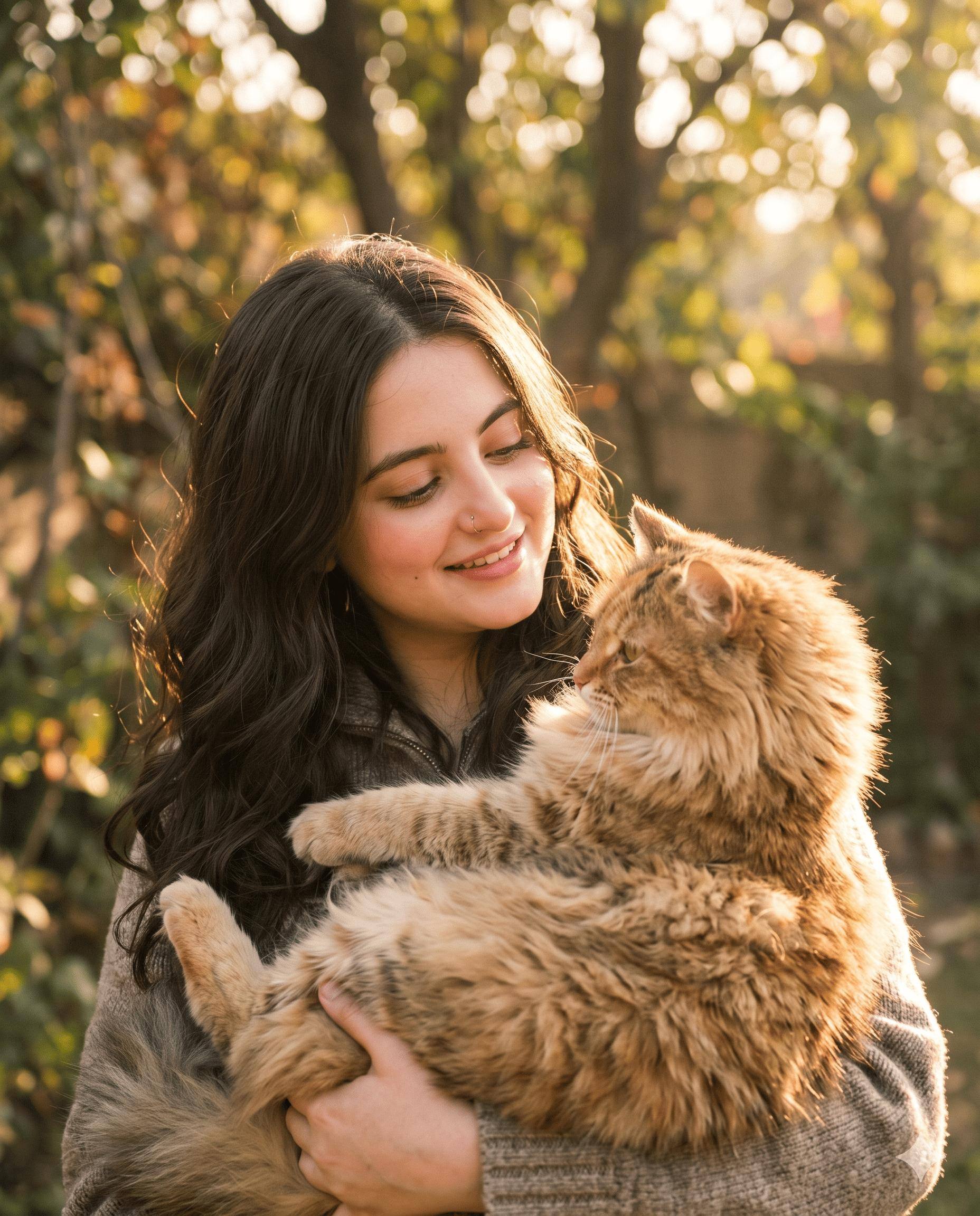 Cute Girl with Cat AI Image Prompt Gemini | Warm Sunshine & Dreamy Nature Portrait