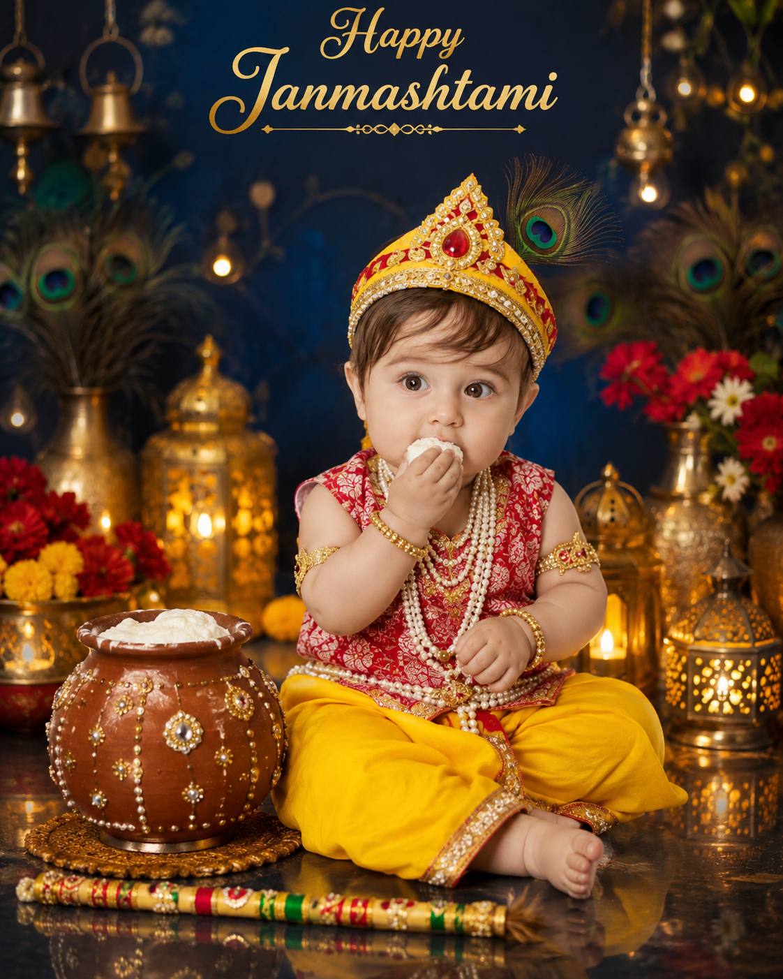 Cute Little Krishna Baby Janmashtami Studio Photoshoot AI Image Prompt
