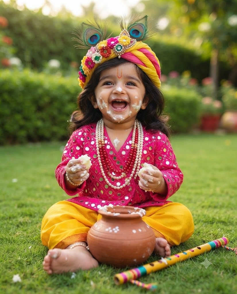Cute Little Krishna Baby Photoshoot in Pink Angavastra and Yellow Dhoti AI Prompt