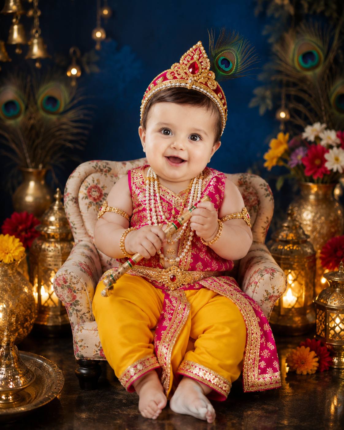 Cute Little Krishna Baby Portrait on Floral Chair – Janmashtami AI Image Prompt