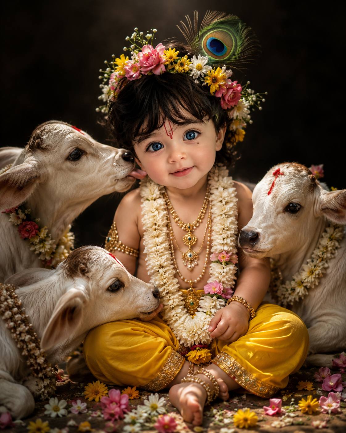 Cute Little Krishna Baby with White Calves – Ultra-Realistic 8K Janmashtami AI Prompt