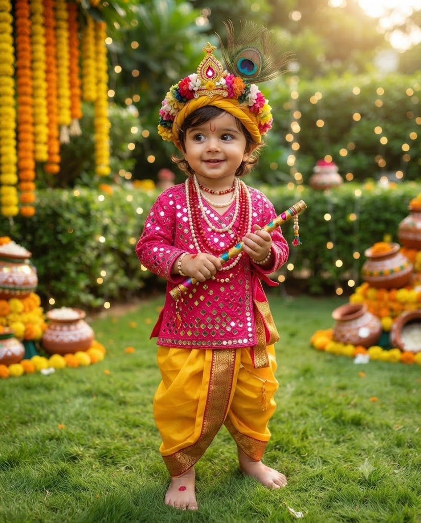 Cute Little Krishna Toddler Standing in Janmashtami Garden AI Image Prompt