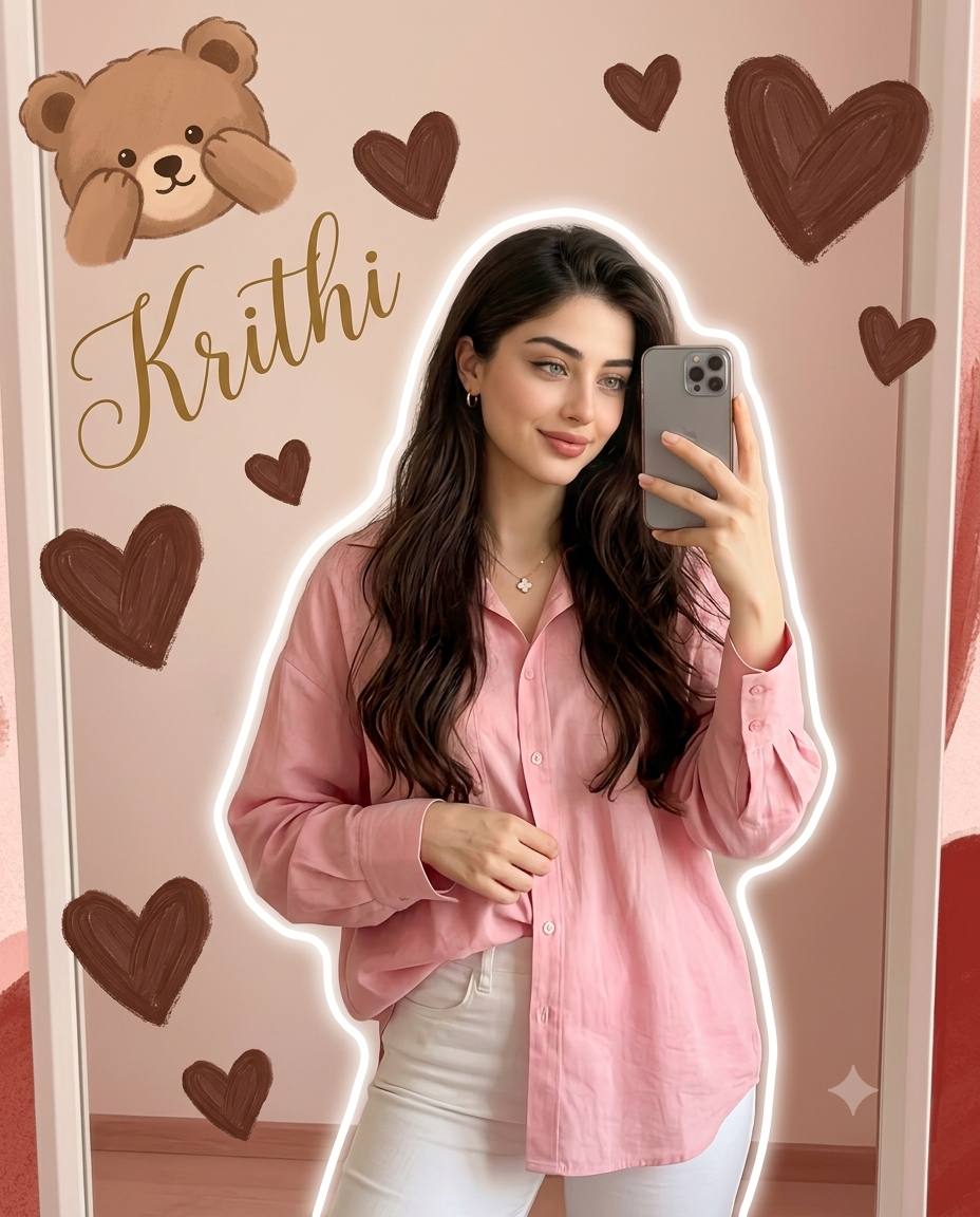Cute Pink Mirror Selfie Portrait with Teddy Bear and Heart Aesthetic | AI Image Prompt