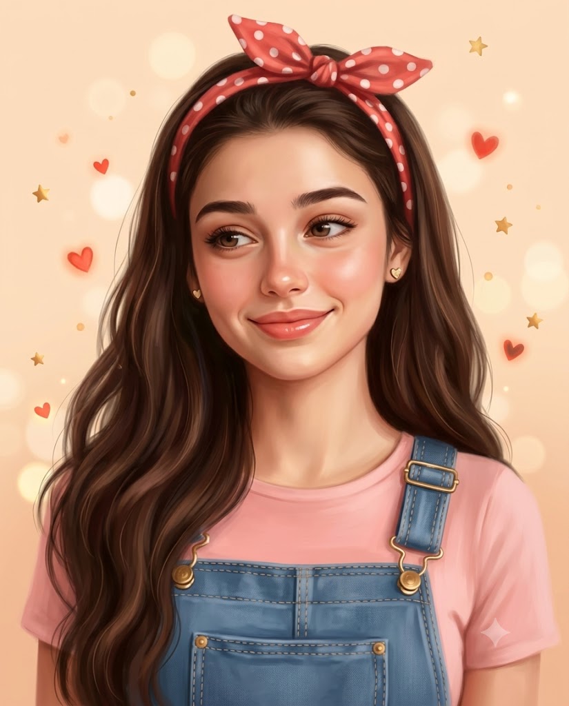 Cute Semi-Realistic Child Portrait with Polka Dot Headband and Denim Overall AI Image Prompt