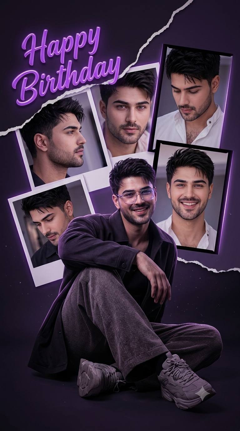 Dark birthday AI prompt | Purple neon 4-face collage & birthday text