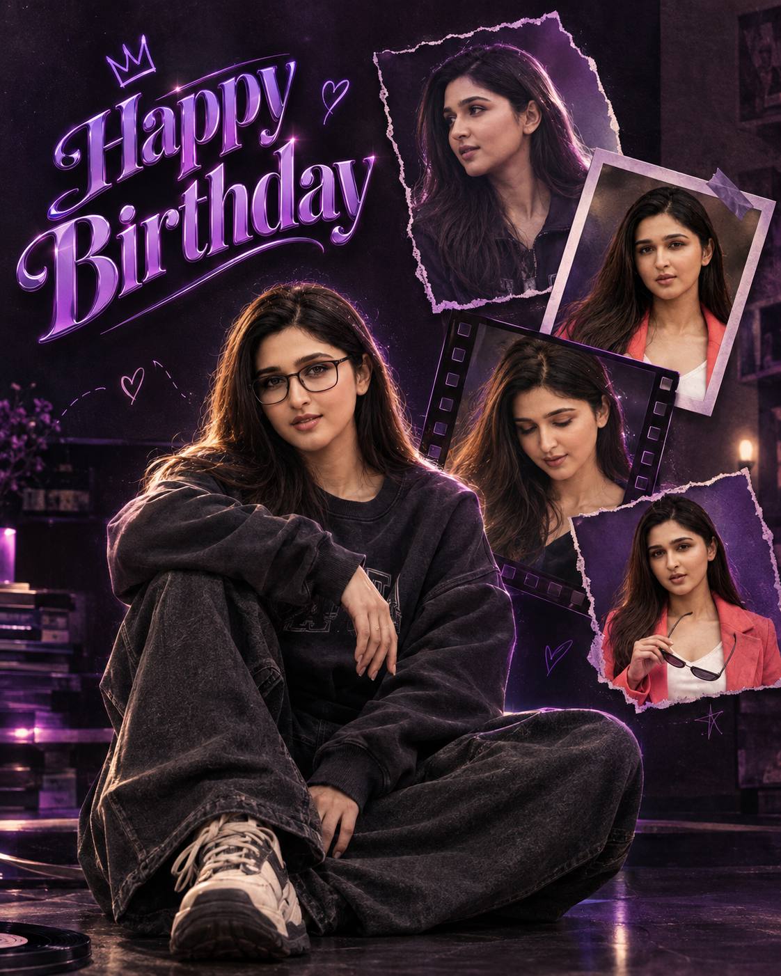 Dark birthday AI prompt | Purple neon 4-face collage & birthday text