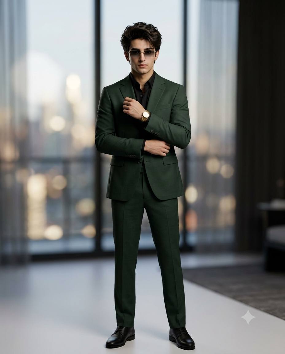 Dark green suit villain portrait AI prompt | Korean hairstyle & gradient glasses