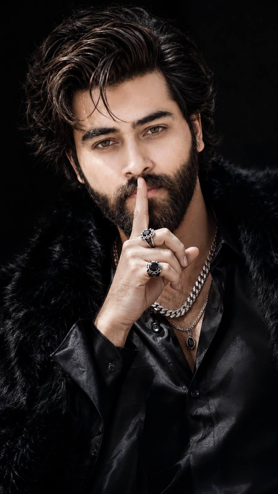 Dark Luxury Shh Pose Portrait of Handsome Man | Cinematic 8K AI Image Prompt