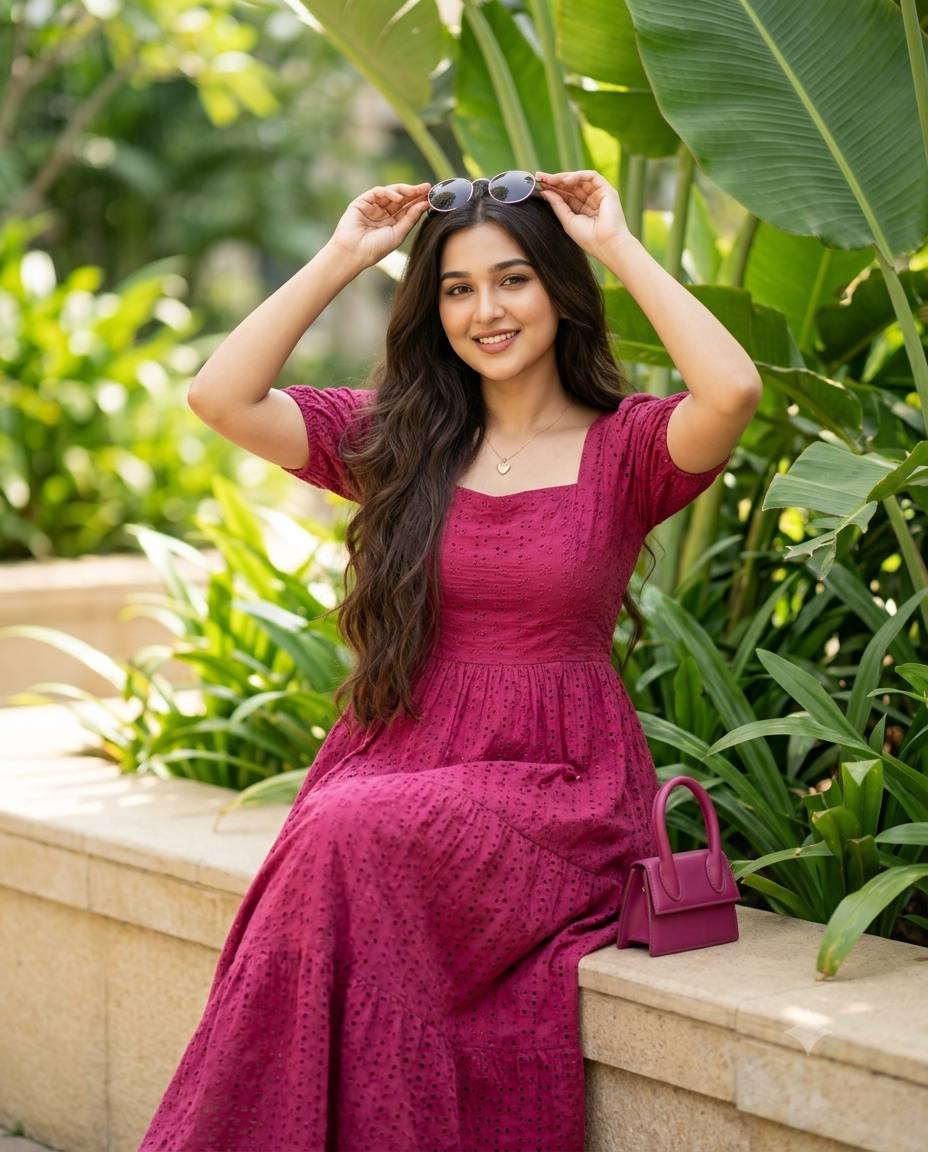 South Asian garden portrait AI prompt | Deep pink maxi dress
