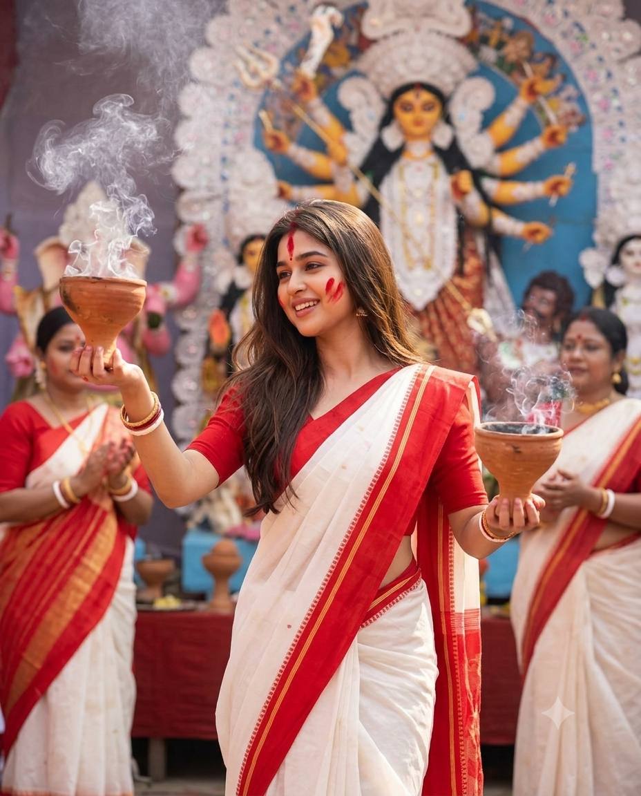 Dhunuchi Naach Durga puja portrait AI prompt | Bengali woman in white-red saree