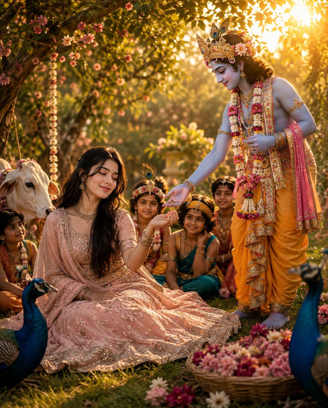 Divine Krishna Leela in Vrindavan Garden – Cinematic Devotional AI Image Prompt