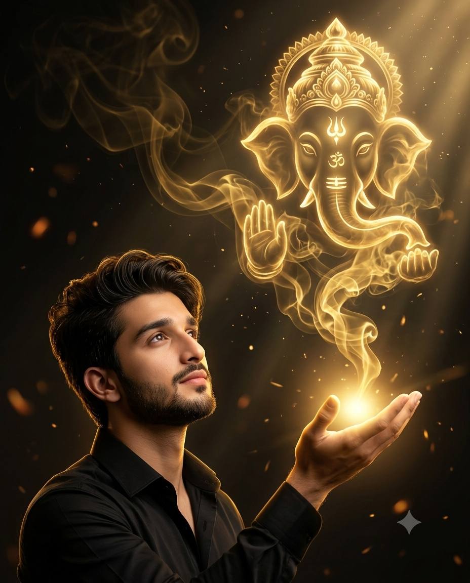 Divine Lord Ganesha Golden Smoke Portrait | Cinematic Devotional AI Image Prompt