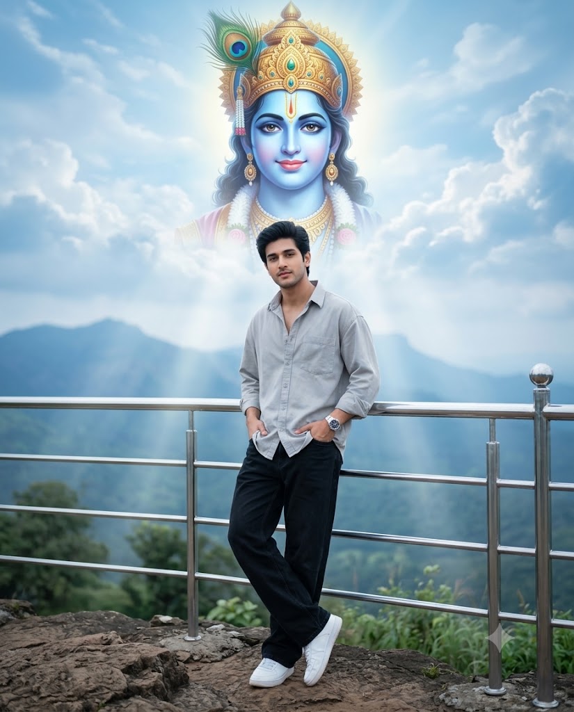 Divine Lord Krishna Watching Over Young Man – Ultra Realistic Devotional AI Portrait Prompt