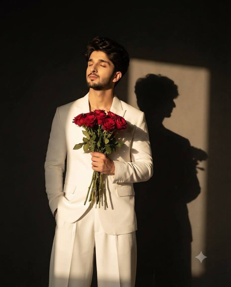 Man in white suit portrait AI prompt | Golden hour with red roses