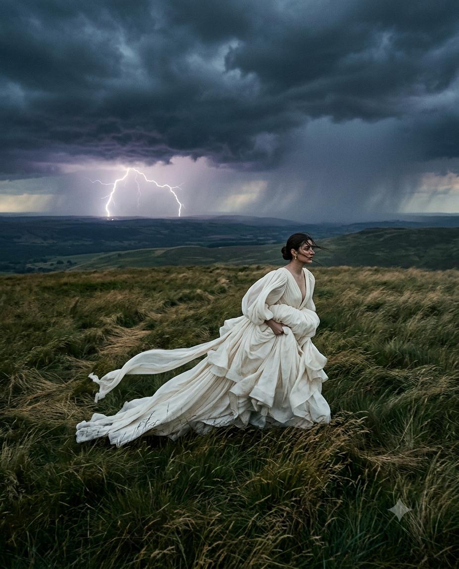 Haute Couture Fashion AI Image Prompt Gemini | Ivory Ball Gown & Dramatic Storm Photography