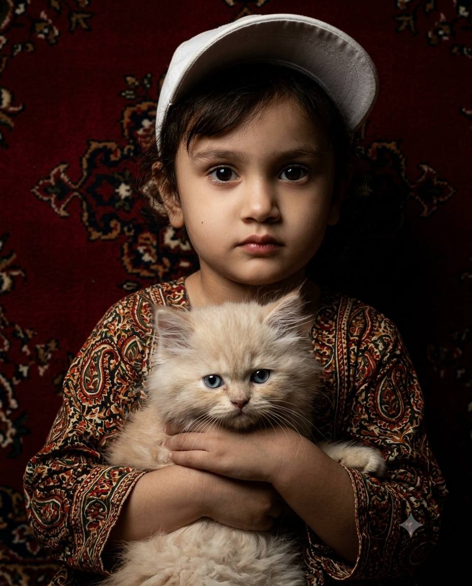 Persian girl & kitten portrait AI prompt | Boteh dress & Rembrandt lighting