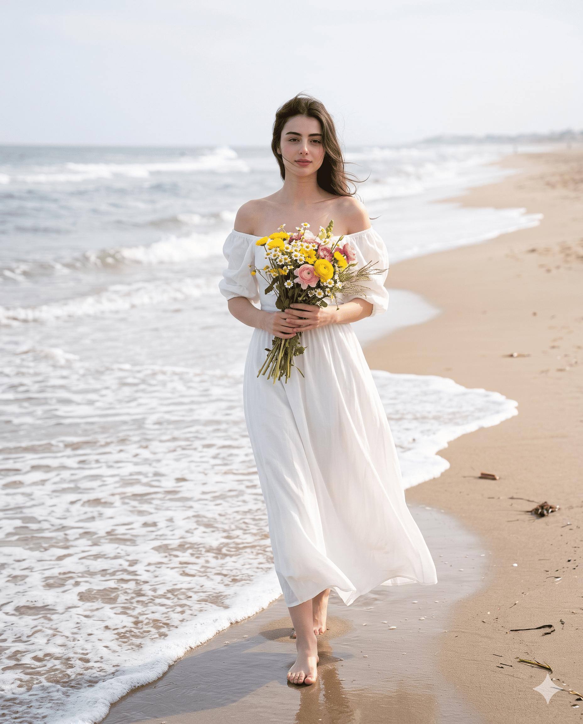 Dreamy Beach Photoshoot AI Image Prompt Gemini | White Maxi Dress, Flower Bouquet & Romantic Ocean Portrait