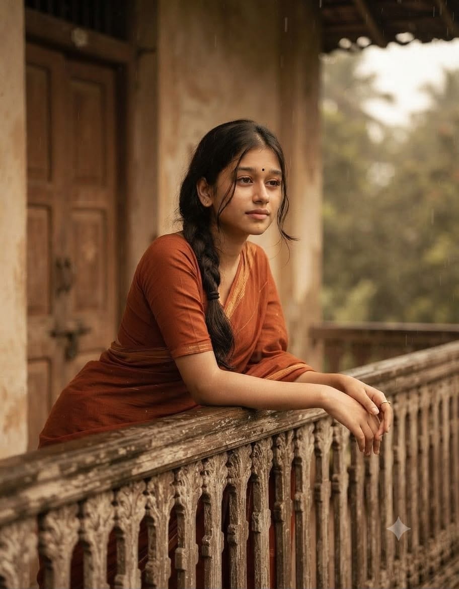 Dreamy cinematic monsoon portrait AI Prompt  | Rustic Balcony Saree Photography