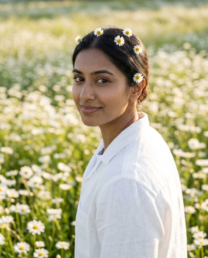 Dreamy Close-Up Portrait in White Daisy Meadow – Soft Sunlight Aesthetic with Floral Hair Accents