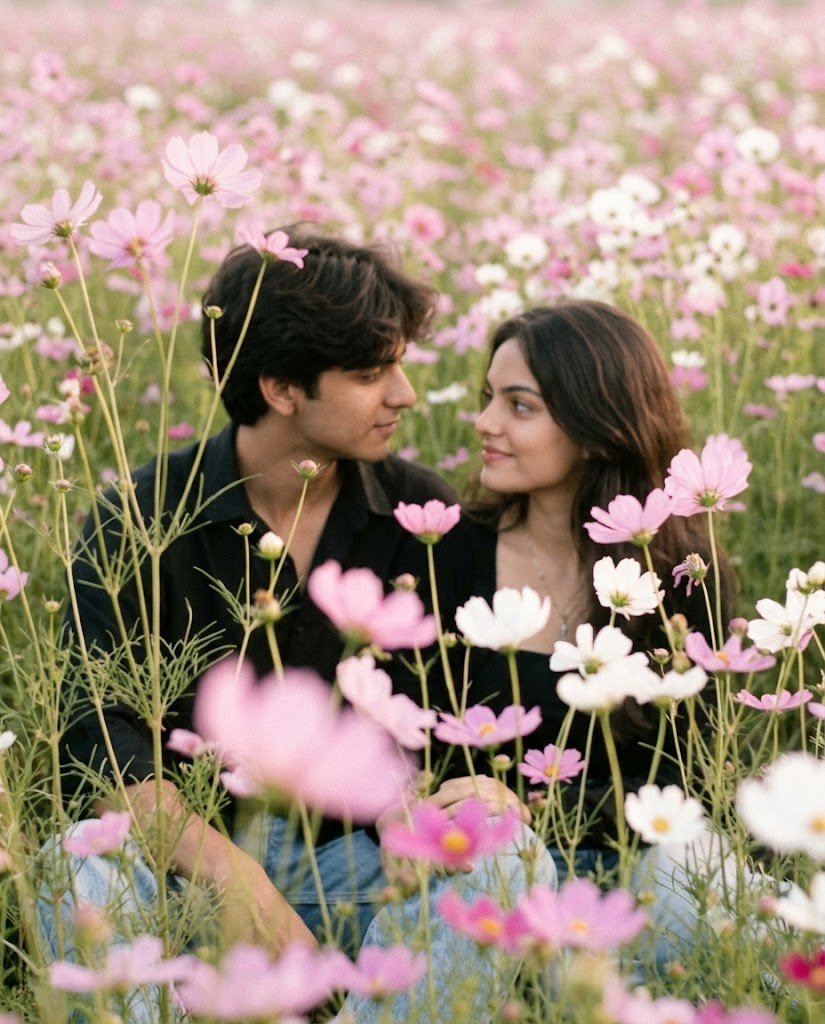 Dreamy Cosmos Flower Field Portrait with Vintage Film Aesthetic AI Image Prompt