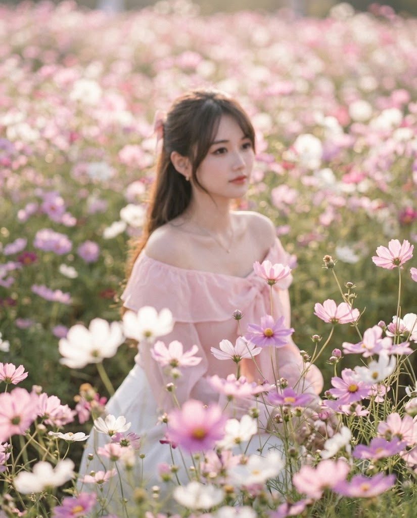Dreamy Cosmos Flower Field Portrait with Vintage Film Aesthetic AI Image Prompt