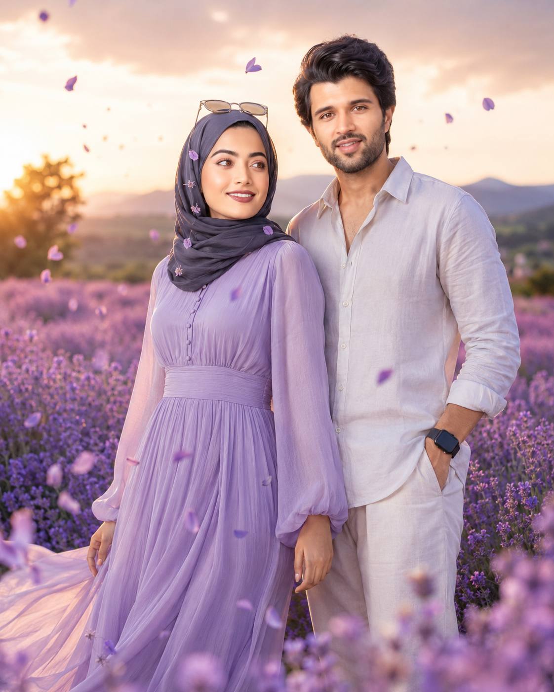 Dreamy Couple in Lavender Field at Sunset – Romantic Ultra-Photorealistic 8K AI Prompt