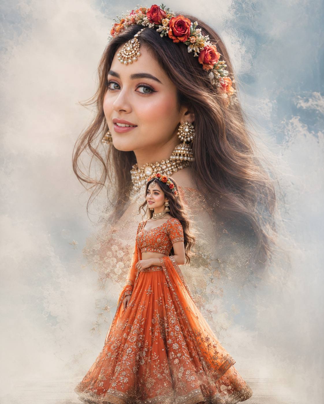 Dreamy Double Exposure Portrait of an Indian Woman in Orange Lehenga AI Image Prompt