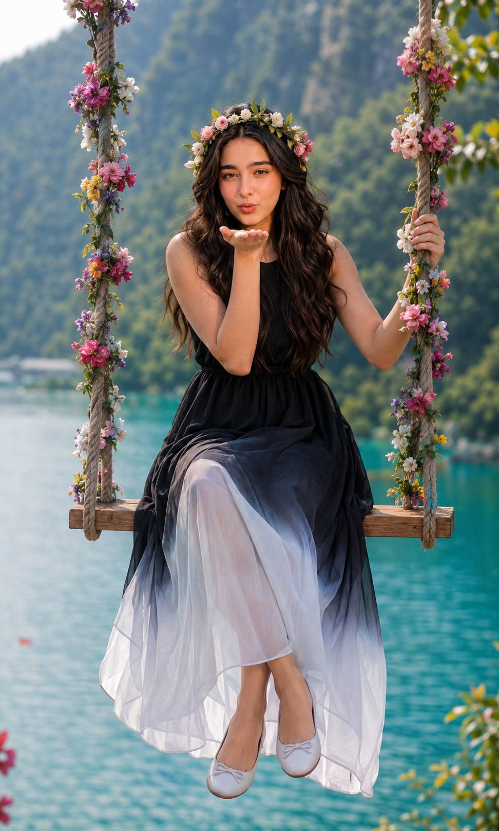 Dreamy Flower Swing Portrait by a Turquoise Lake | Ultra-Realistic AI Image Prompt