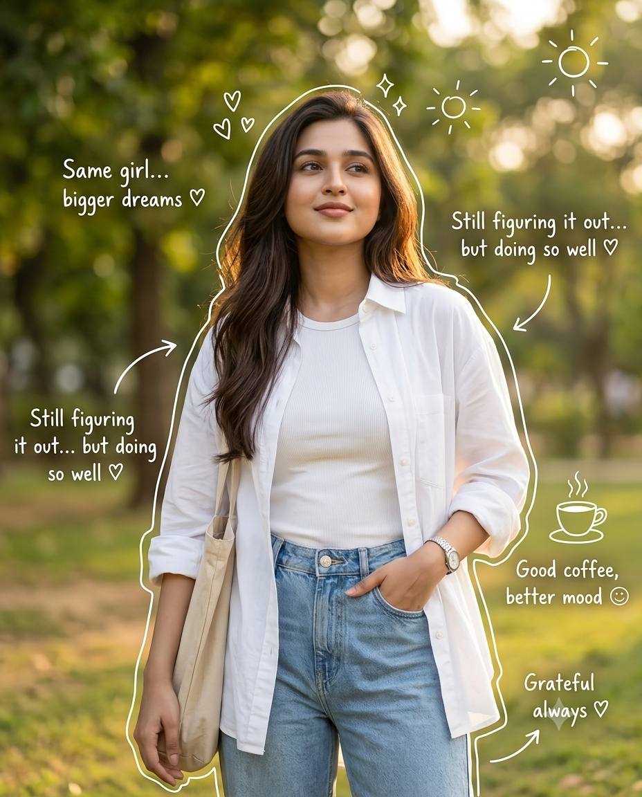 Dreamy Golden Hour Indian Girl Portrait with Doodle Overlay | AI Photo Prompt
