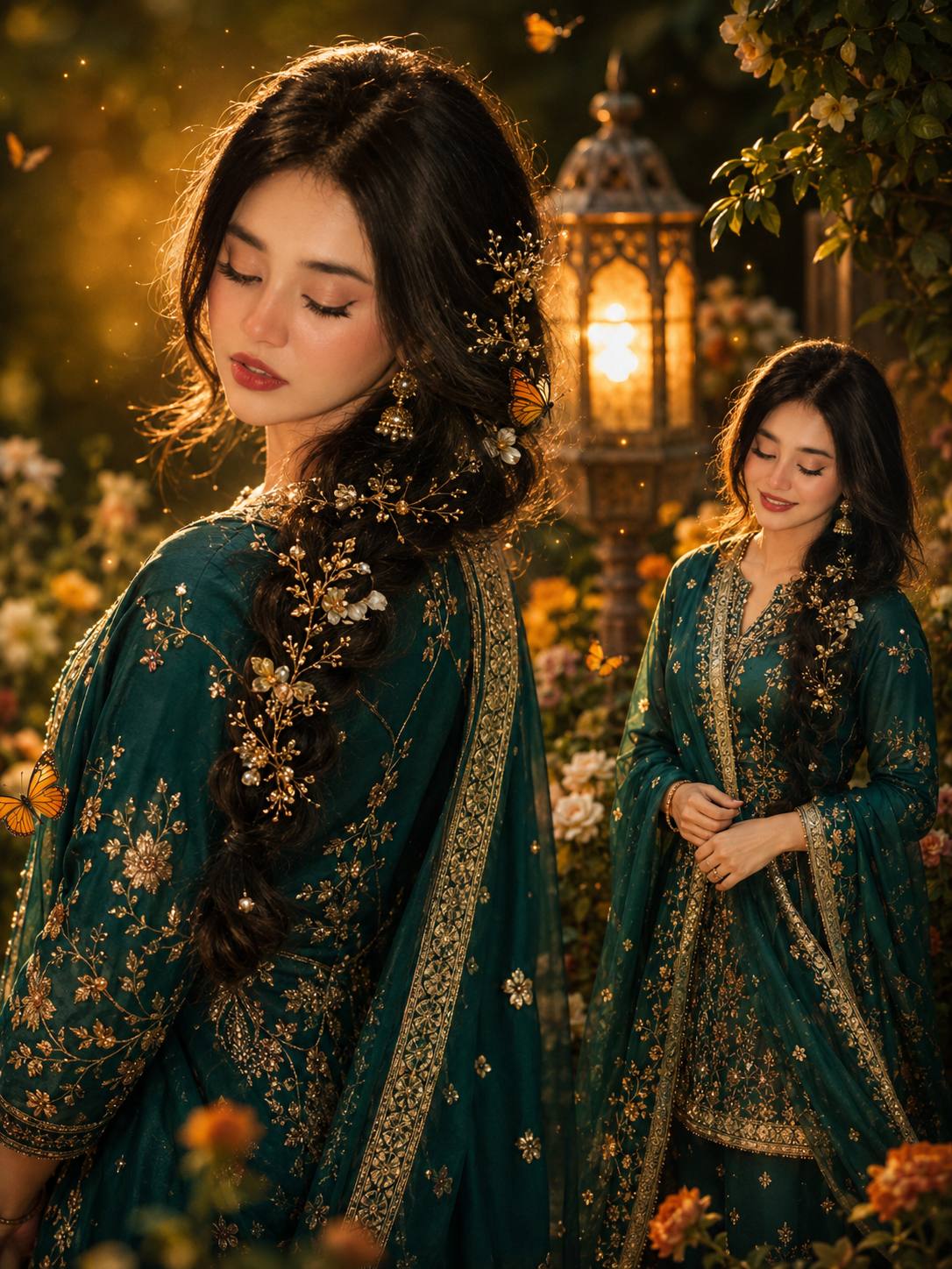 Dreamy Golden Hour South Asian Fashion Portrait AI Prompt – Multi-Layer Editorial Collage