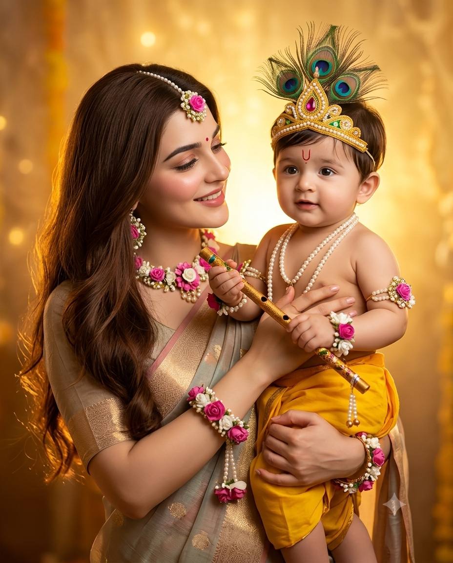 Dreamy Indian Mother and Baby Krishna Portrait AI Image Prompt | Emotional Bond & Devotional Vibe