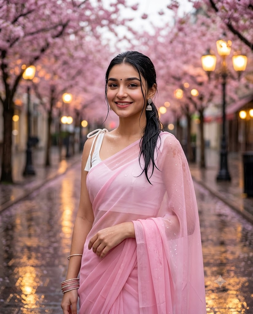 Dreamy Indian Woman in Pastel Pink Saree During Rainy Cherry Blossom Night AI Image Prompt