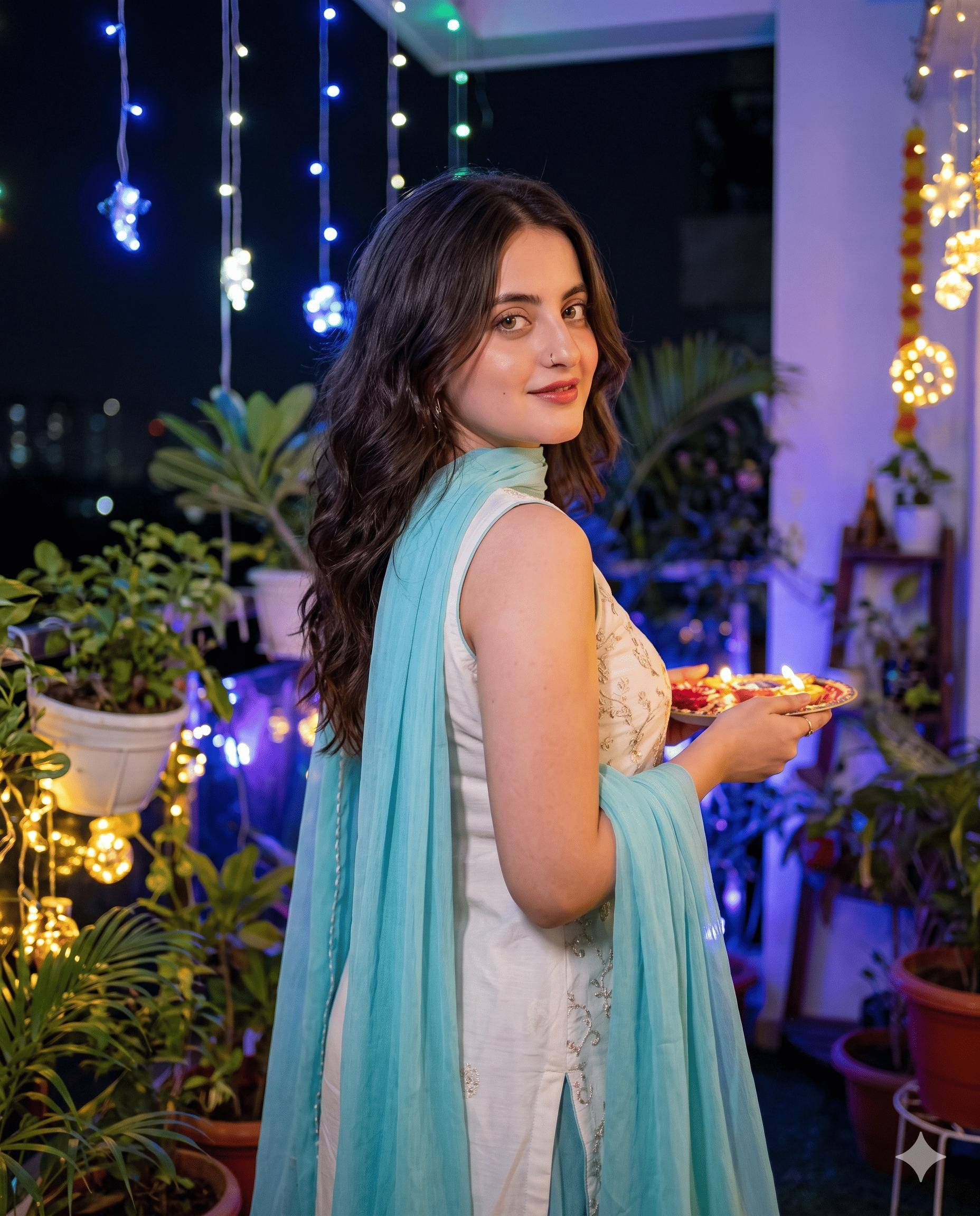 Indian Woman Portrait AI Image Prompt Gemini | White Suit, Turquoise Dupatta & Festive Night Photography