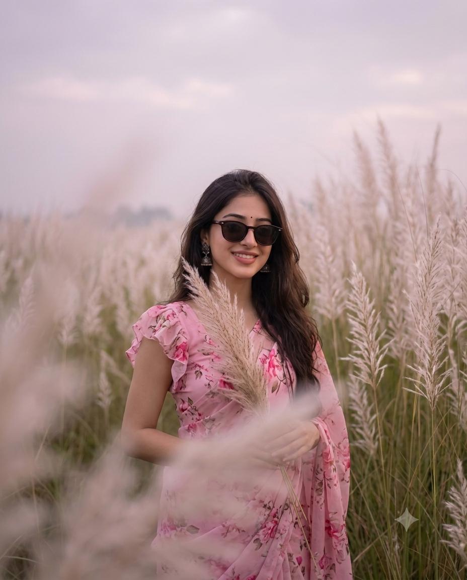Kash Flower Field Woman Portrait AI Image Prompt | Pink Floral Saree Cinematic Misty Glow 8K