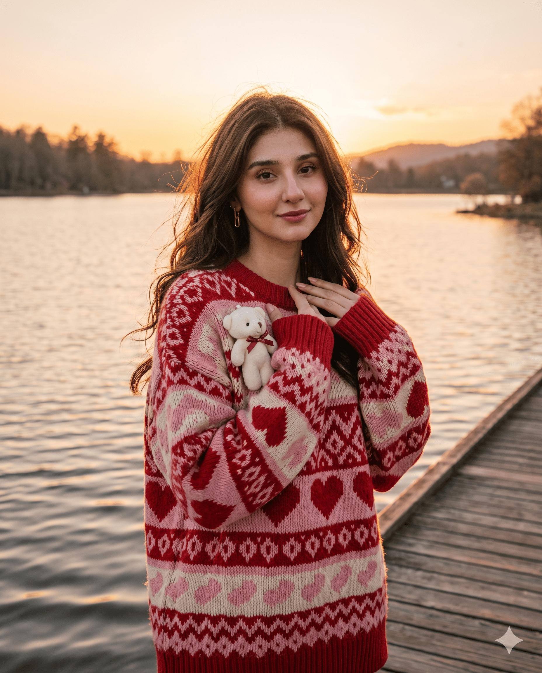 Lakeside Sunset Woman Portrait AI Image Prompt Gemini | Red Heart Sweater & Cozy Golden-Hour Photography