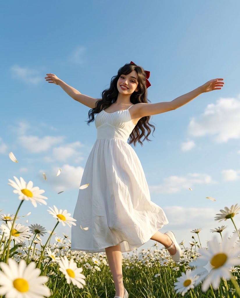 Dreamy Low-Angle Daisy Field Jumping Portrait with Blue Sky AI Image Prompt