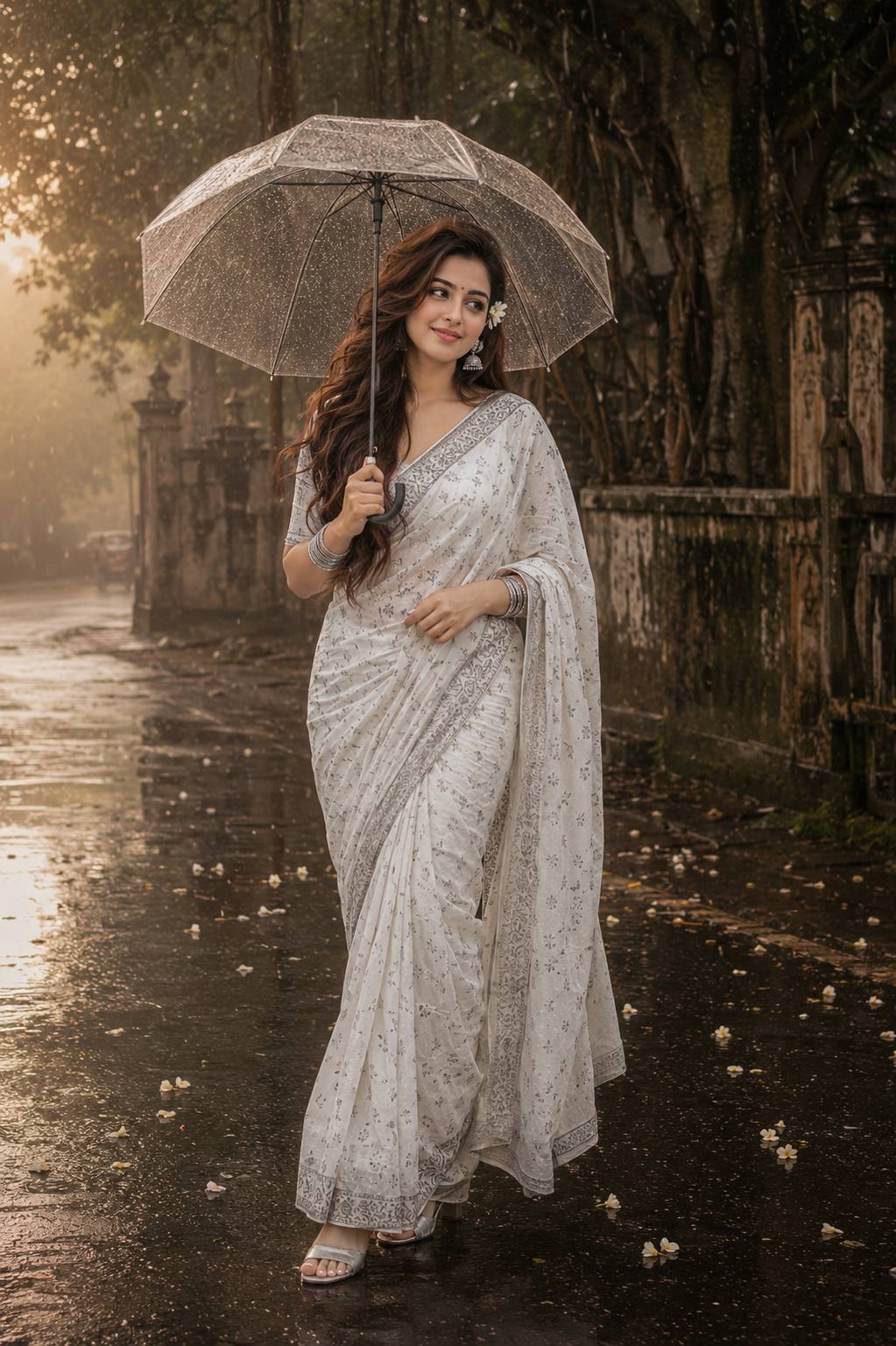 Retro Pinterest White Saree & Transparent Umbrella AI Prompt – Cinematic Monsoon Aesthetic